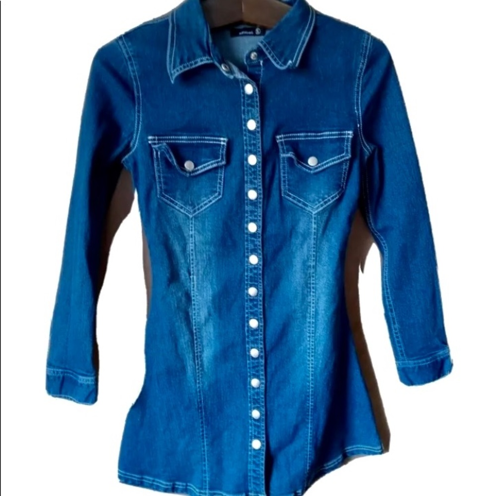 Stretch Fitted Denim Dress Snap Closure Sz Small